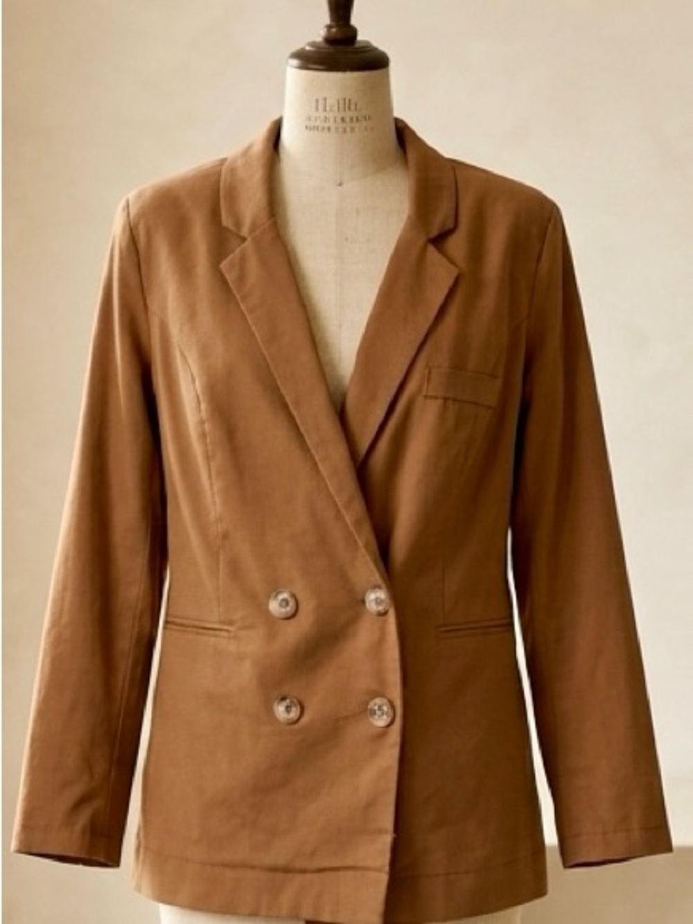 Heartloom| Boho Casual Double-Breasted Linen Blazer in Camel Brown Sz L